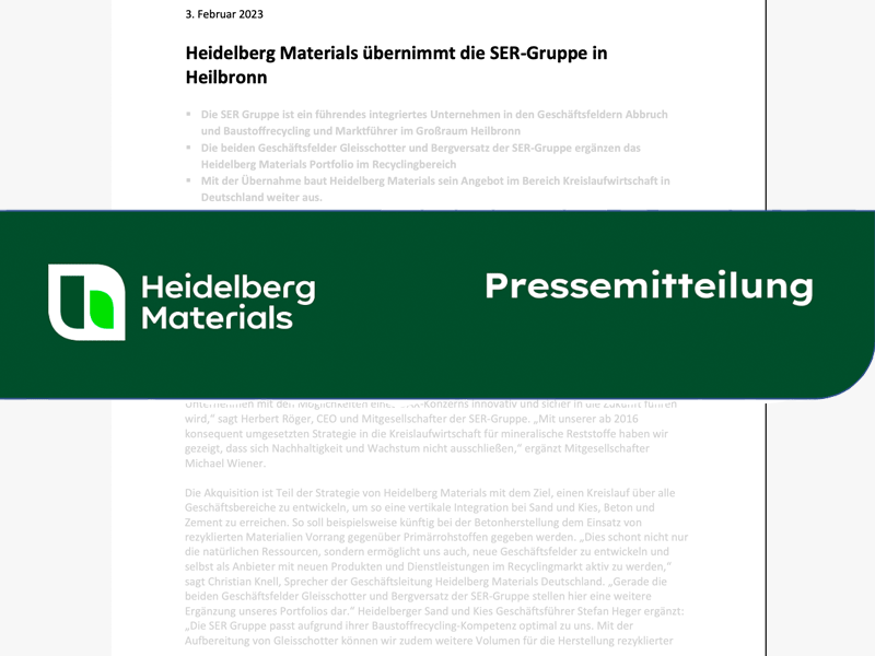 Heidelberg Materials übernimmt die SER-Gruppe in Heilbronn